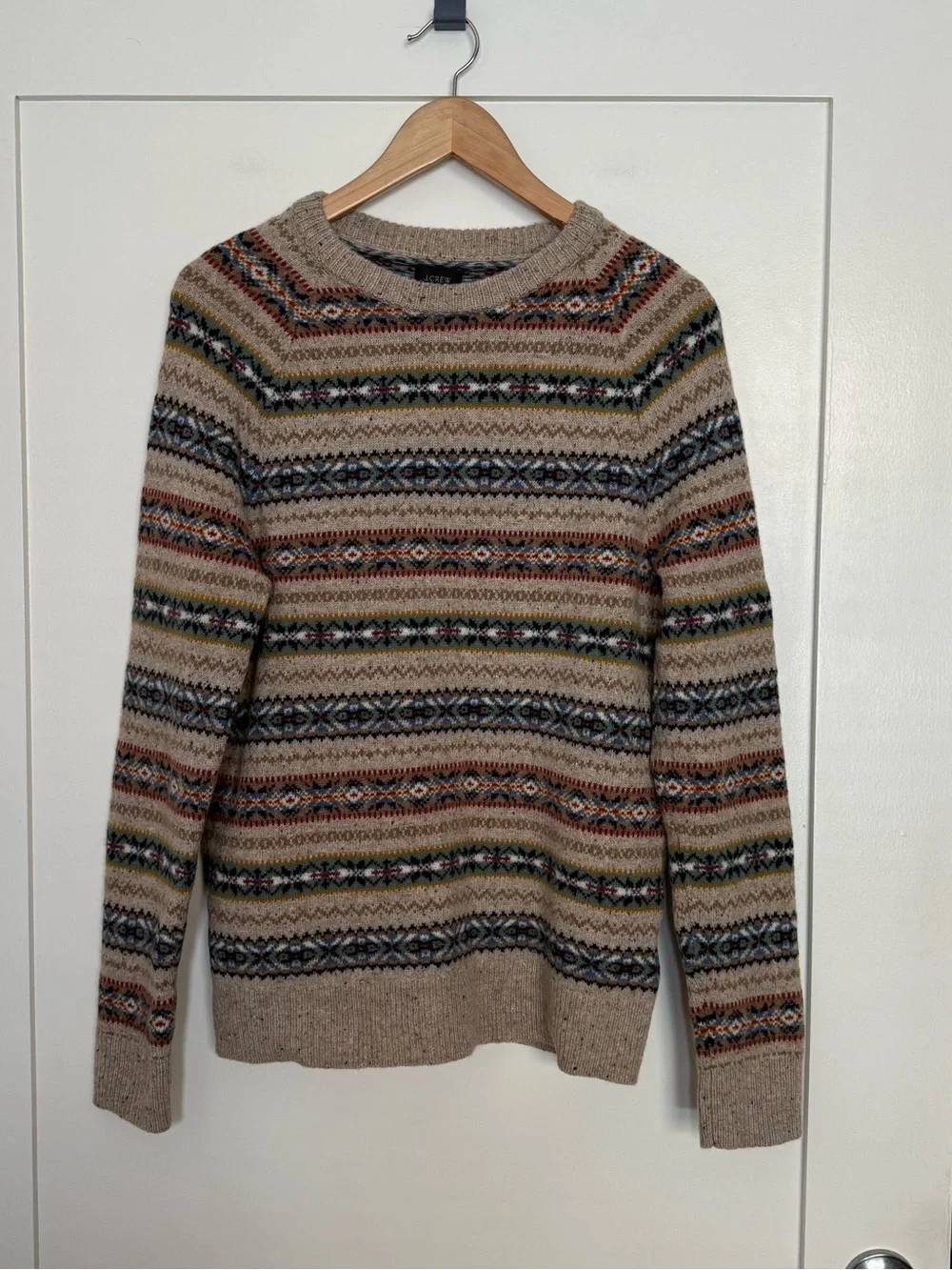 J Crew Sweater Men Sz S Beige Fair Isle Lambswool Blend Crewneck Nordic Pullover